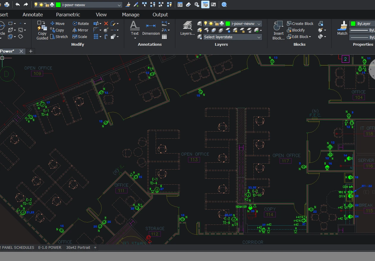Electrical power plan for an office drawn in CAD