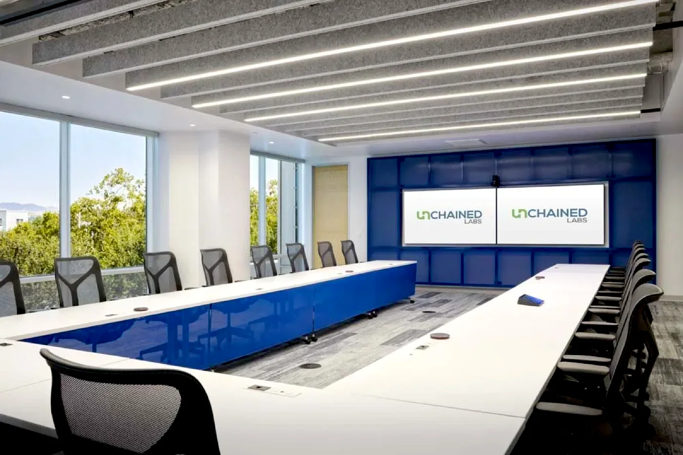 Conference room with linear LED ceiling lighting