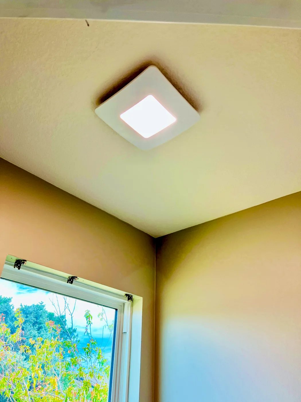 Square flush-mount ceiling light beside a window
