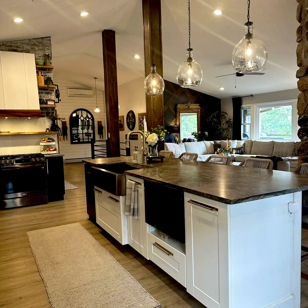 Kitchen island with glass globe pendants