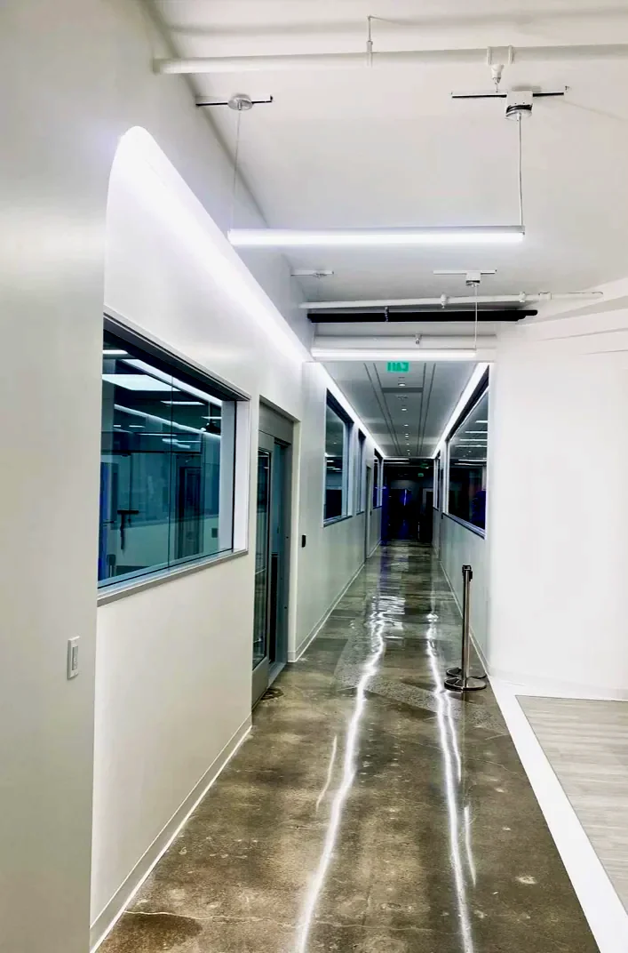 Lab corridor with linear LED lighting